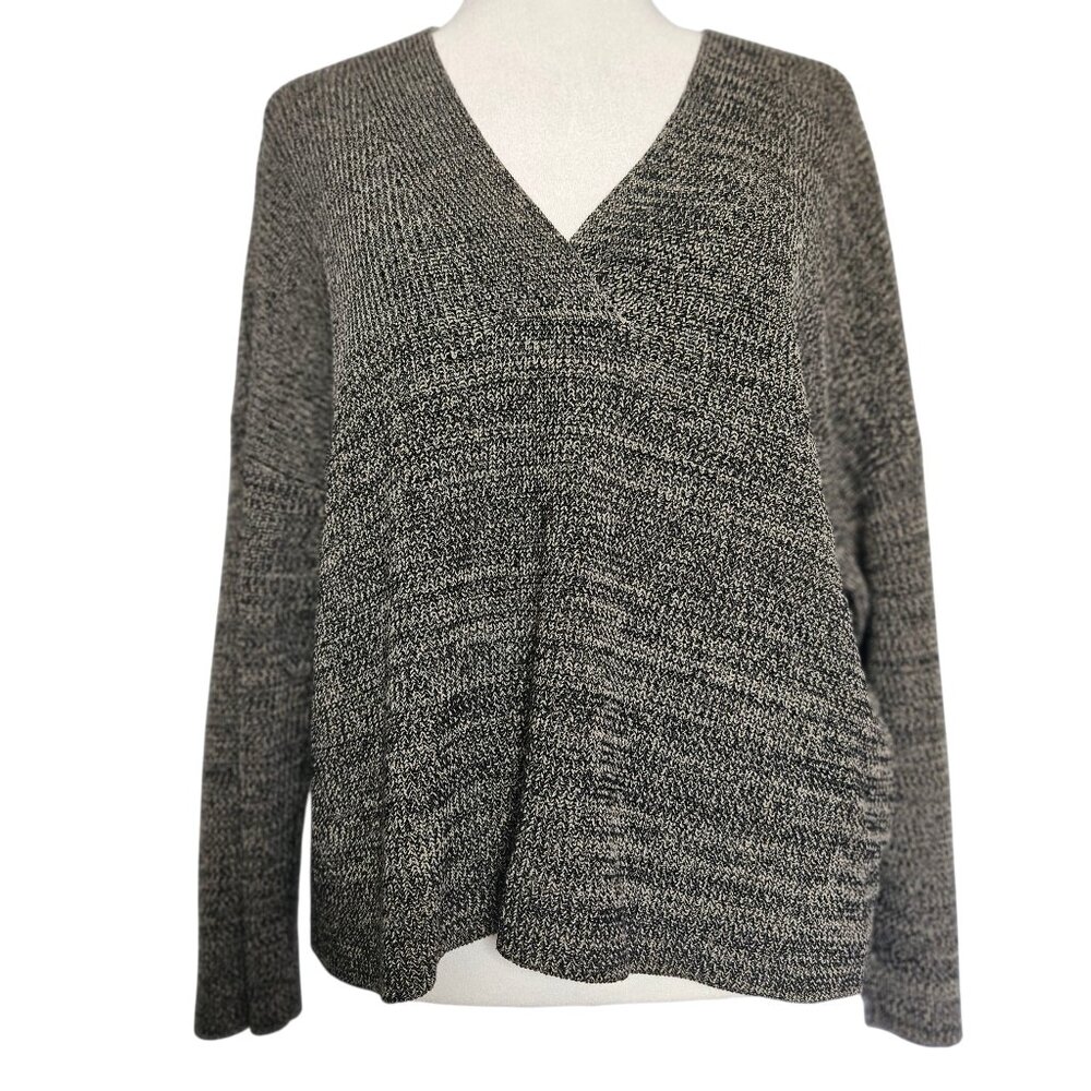 Eileen Fisher Marled V-Neck Knit Sweater Women's SZ Medium Black/Tan Tencel Boxy